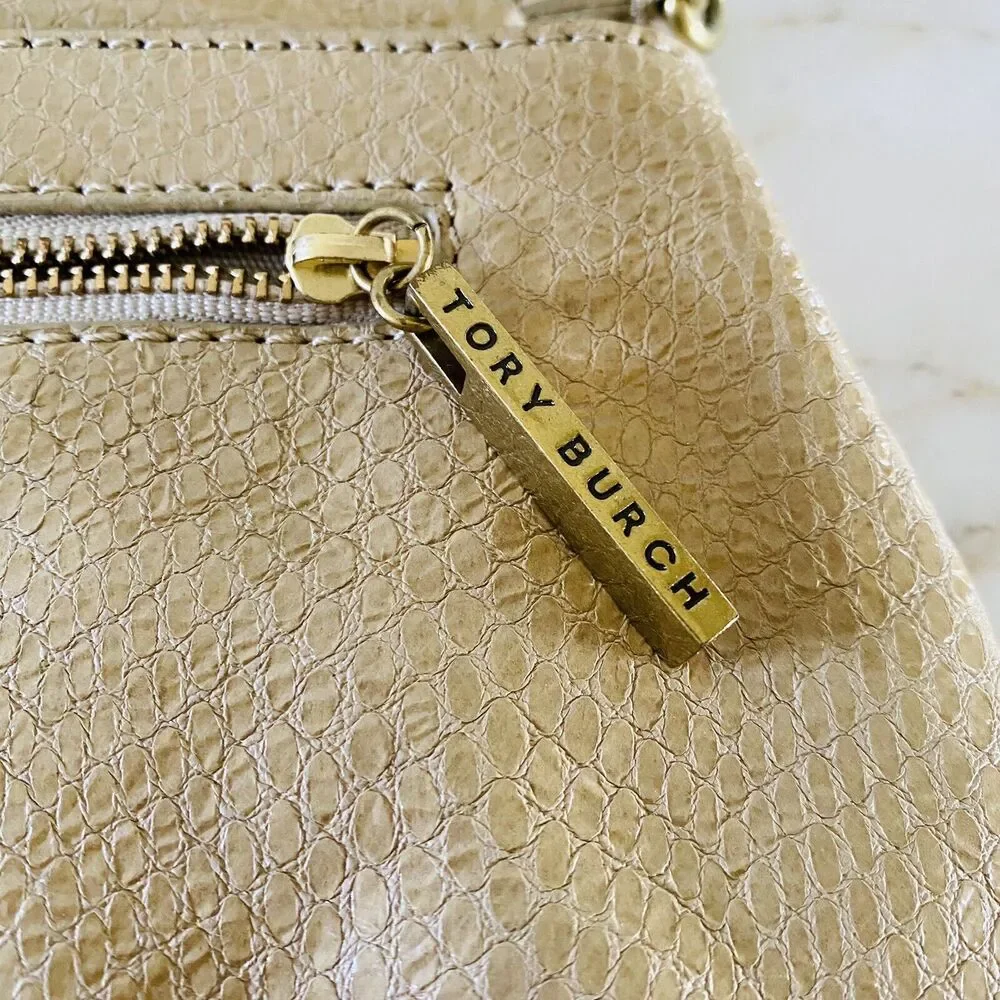 TORY BURCH Solid Tan Leather Clutch Bag Purse Large Logo